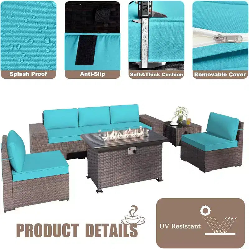 ALAULM Ensemble de mobilier de patio 7 pièces, salons de jardin en rotin tressé, ensemble de canapés avec table brasero à propane de 43 pouces
