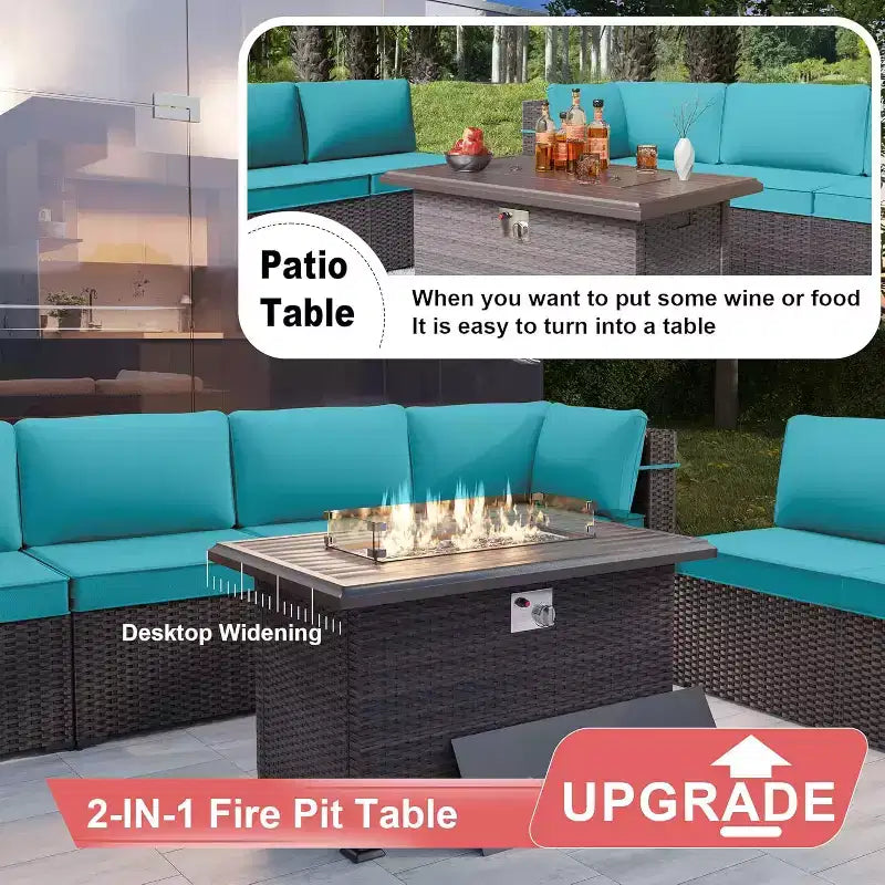 ALAULM Ensemble de mobilier de patio 7 pièces, salons de jardin en rotin tressé, ensemble de canapés avec table brasero à propane de 43 pouces