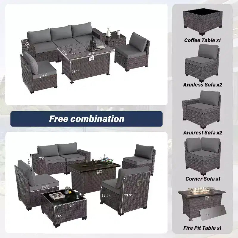 ALAULM Ensemble de mobilier de patio 7 pièces, salons de jardin en rotin tressé, ensemble de canapés avec table brasero à propane de 43 pouces