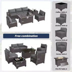 ALAULM Ensemble de mobilier de patio 7 pièces, salons de jardin en rotin tressé, ensemble de canapés avec table brasero à propane de 43 pouces
