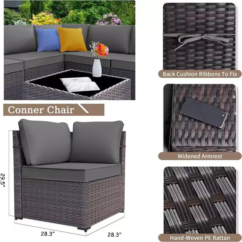 ALAULM Ensemble de mobilier de patio 7 pièces, salons de jardin en rotin tressé, ensemble de canapés avec table brasero à propane de 43 pouces