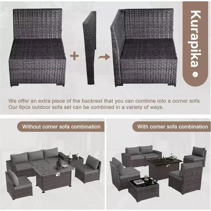 ALAULM Ensemble de mobilier de patio 7 pièces, salons de jardin en rotin tressé, ensemble de canapés avec table brasero à propane de 43 pouces