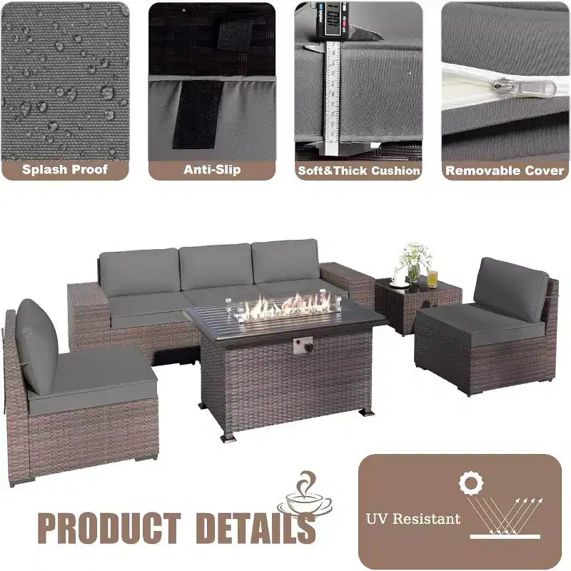 ALAULM Ensemble de mobilier de patio 7 pièces, salons de jardin en rotin tressé, ensemble de canapés avec table brasero à propane de 43 pouces