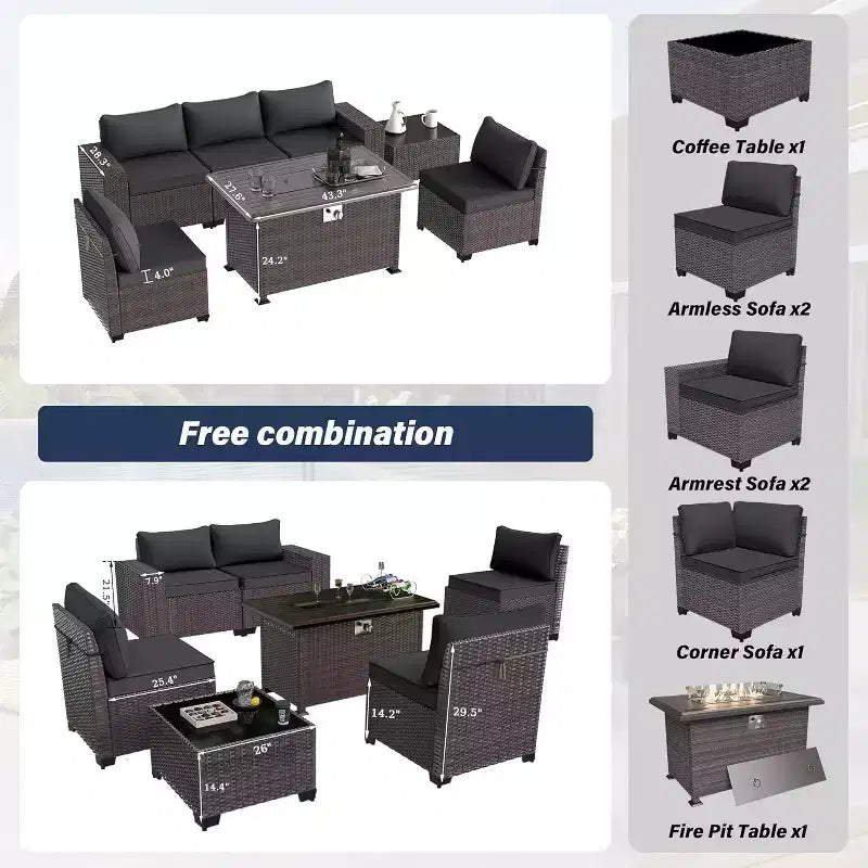 ALAULM Ensemble de mobilier de patio 7 pièces, salons de jardin en rotin tressé, ensemble de canapés avec table brasero à propane de 43 pouces