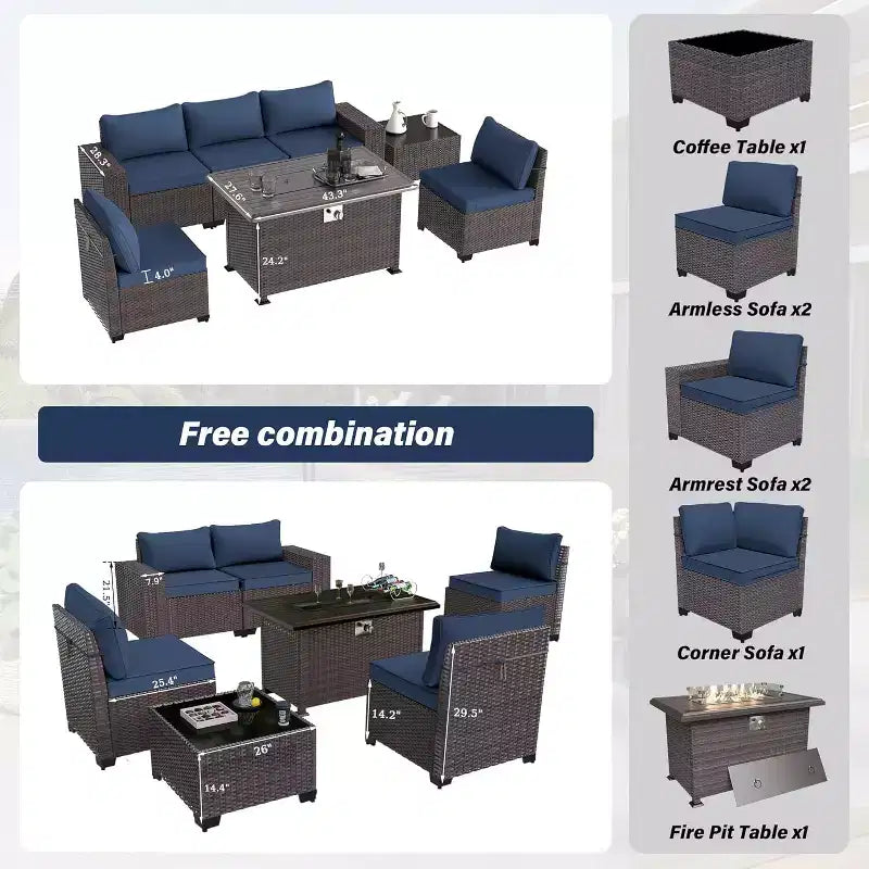 ALAULM Ensemble de mobilier de patio 7 pièces, salons de jardin en rotin tressé, ensemble de canapés avec table brasero à propane de 43 pouces