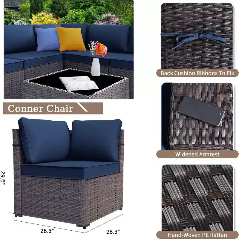 ALAULM Ensemble de mobilier de patio 7 pièces, salons de jardin en rotin tressé, ensemble de canapés avec table brasero à propane de 43 pouces