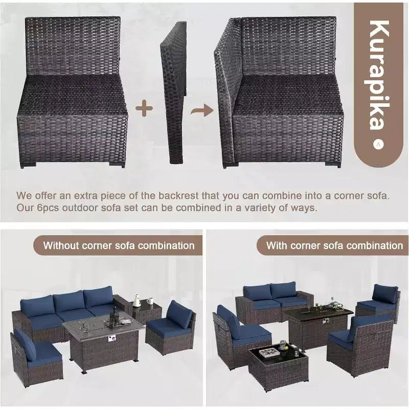 ALAULM Ensemble de mobilier de patio 7 pièces, salons de jardin en rotin tressé, ensemble de canapés avec table brasero à propane de 43 pouces