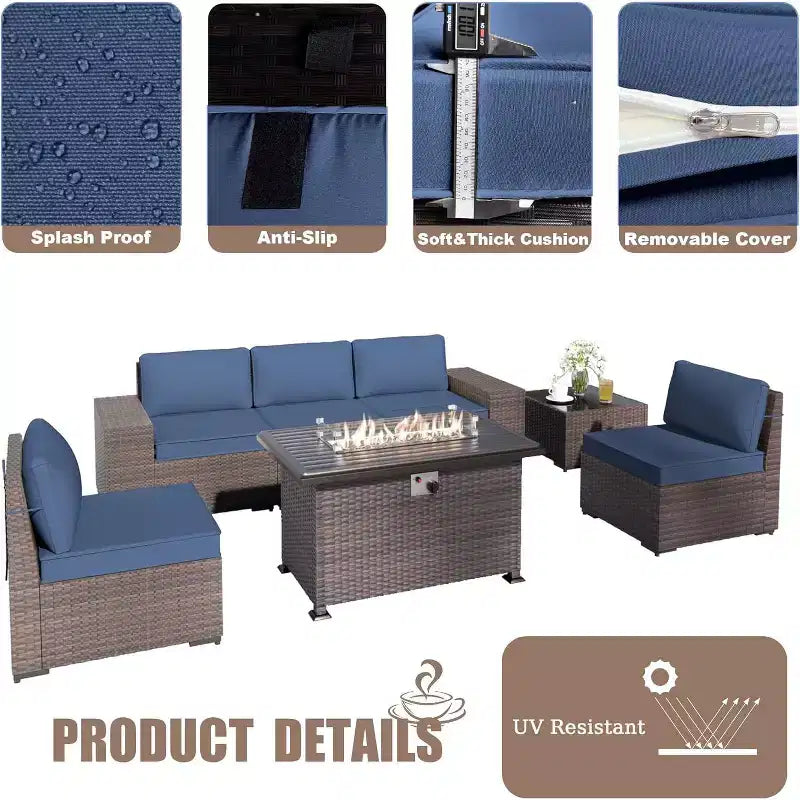 ALAULM Ensemble de mobilier de patio 7 pièces, salons de jardin en rotin tressé, ensemble de canapés avec table brasero à propane de 43 pouces