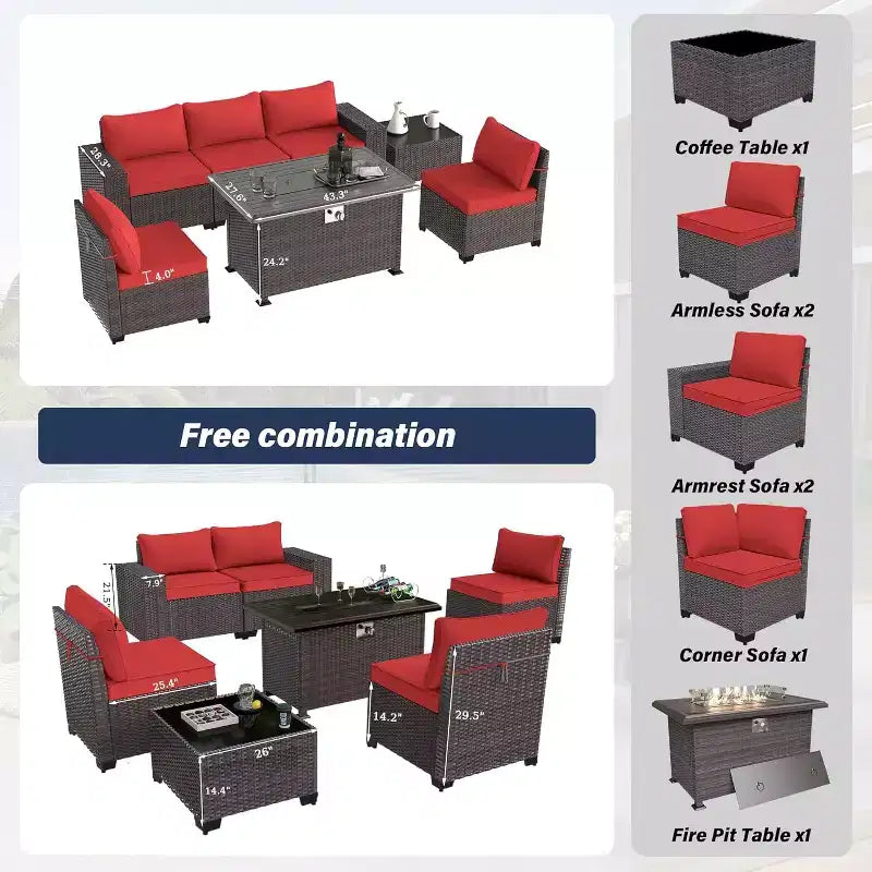 ALAULM Ensemble de mobilier de patio 7 pièces, salons de jardin en rotin tressé, ensemble de canapés avec table brasero à propane de 43 pouces