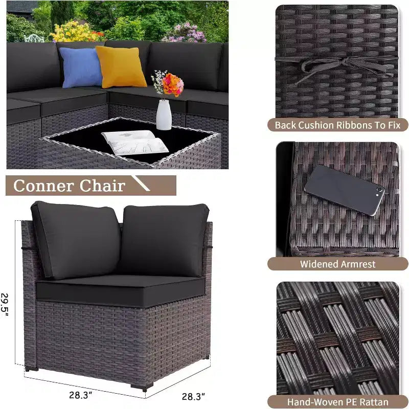 ALAULM Ensemble de mobilier de patio 7 pièces, salons de jardin en rotin tressé, ensemble de canapés avec table brasero à propane de 43 pouces