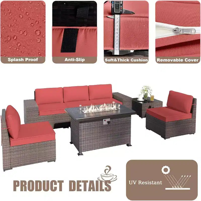 ALAULM Ensemble de mobilier de patio 7 pièces, salons de jardin en rotin tressé, ensemble de canapés avec table brasero à propane de 43 pouces