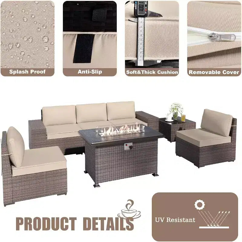 ALAULM Ensemble de mobilier de patio 7 pièces, salons de jardin en rotin tressé, ensemble de canapés avec table brasero à propane de 43 pouces