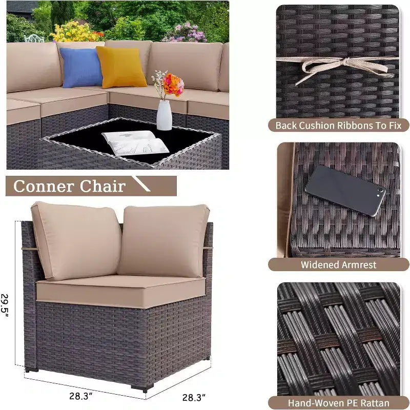 ALAULM Ensemble de mobilier de patio 7 pièces, salons de jardin en rotin tressé, ensemble de canapés avec table brasero à propane de 43 pouces