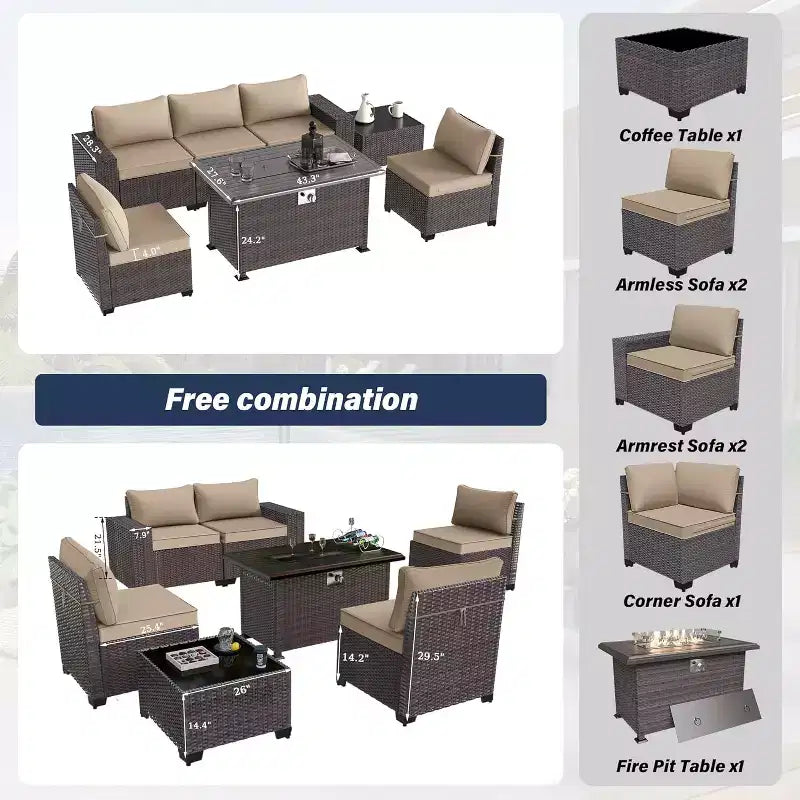 ALAULM Ensemble de mobilier de patio 7 pièces, salons de jardin en rotin tressé, ensemble de canapés avec table brasero à propane de 43 pouces