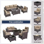ALAULM Ensemble de mobilier de patio 7 pièces, salons de jardin en rotin tressé, ensemble de canapés avec table brasero à propane de 43 pouces