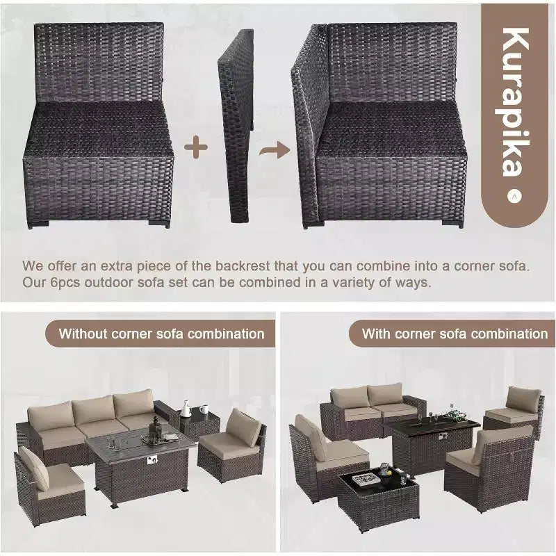 ALAULM Ensemble de mobilier de patio 7 pièces, salons de jardin en rotin tressé, ensemble de canapés avec table brasero à propane de 43 pouces