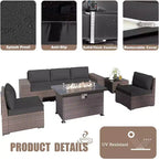 ALAULM Ensemble de mobilier de patio 7 pièces, salons de jardin en rotin tressé, ensemble de canapés avec table brasero à propane de 43 pouces