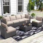 7-Piece Outdoor Patio Furniture Set with Glass Top Coffee Table, PE Rattan Wicker Sectional Modular Conversation Sofa Set w/ Cushions for Patio