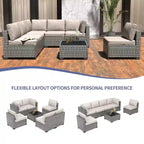 Ensemble de mobilier de patio 7 pièces avec table basse en verre, canapé sectionnel modulaire en rotin PE avec coussins pour patio