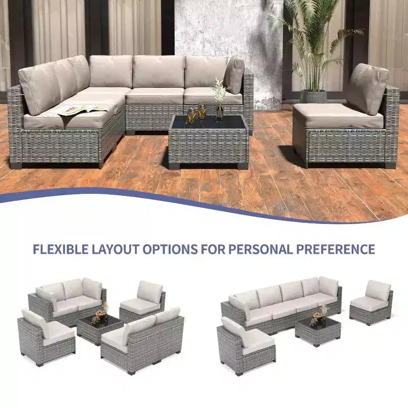 Ensemble de mobilier de patio 7 pièces avec table basse en verre, canapé sectionnel modulaire en rotin PE avec coussins pour patio