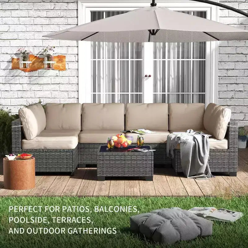 Ensemble de mobilier de patio 7 pièces avec table basse en verre, canapé sectionnel modulaire en rotin PE avec coussins pour patio