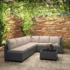 Ensemble de mobilier de patio 7 pièces avec table basse en verre, canapé sectionnel modulaire en rotin PE avec coussins pour patio