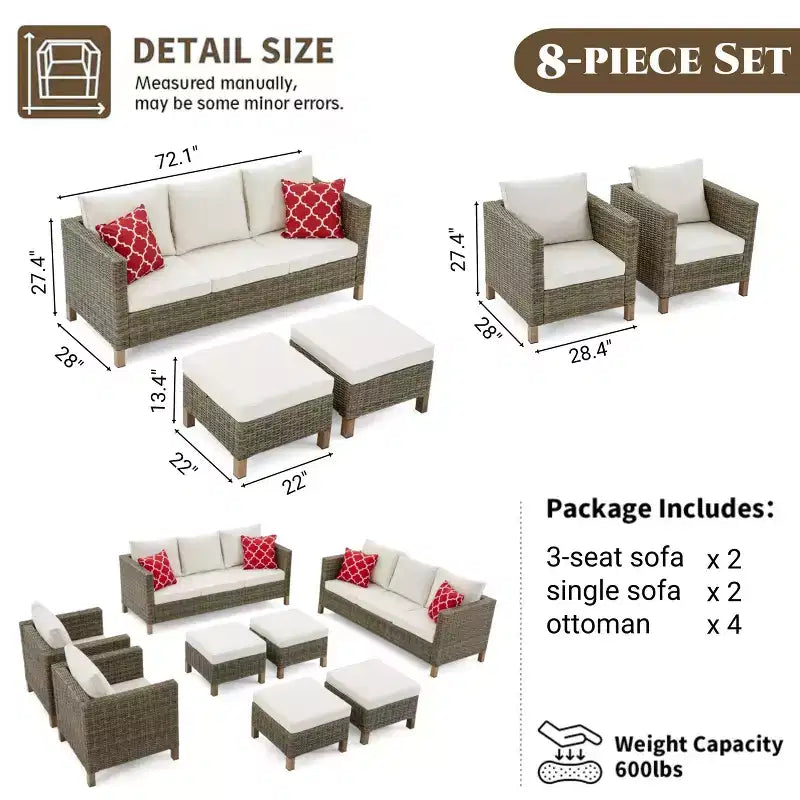 Ensembles de conversation de patio 8 pièces avec coussins et poufs