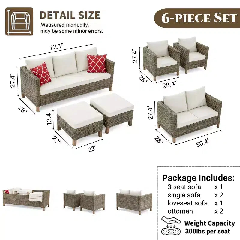 Ensemble de patio 6 pièces avec coussins et table brasero
