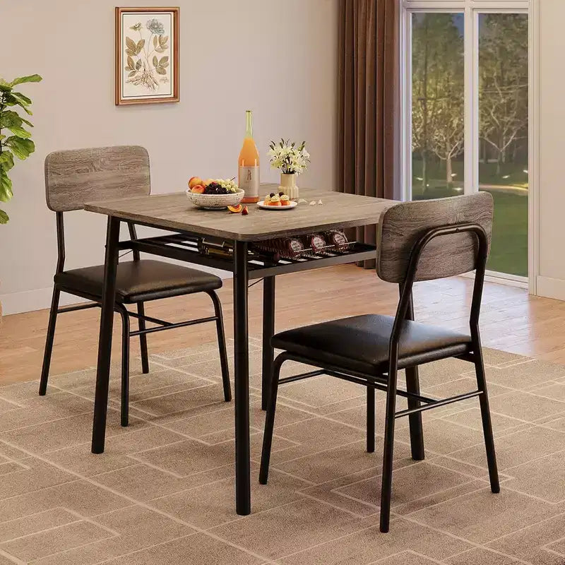 Ensemble de salle à manger 3 pièces pour 2 personnes, table de cuisine en bois avec étagère de rangement, 2 chaises rembourrées, ensemble de salle à manger pour petit espace, appartement