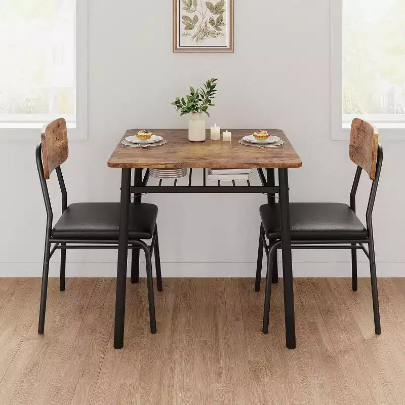 Ensemble de salle à manger 3 pièces pour 2 personnes, table de cuisine en bois avec étagère de rangement, 2 chaises rembourrées, ensemble de salle à manger pour petit espace, appartement