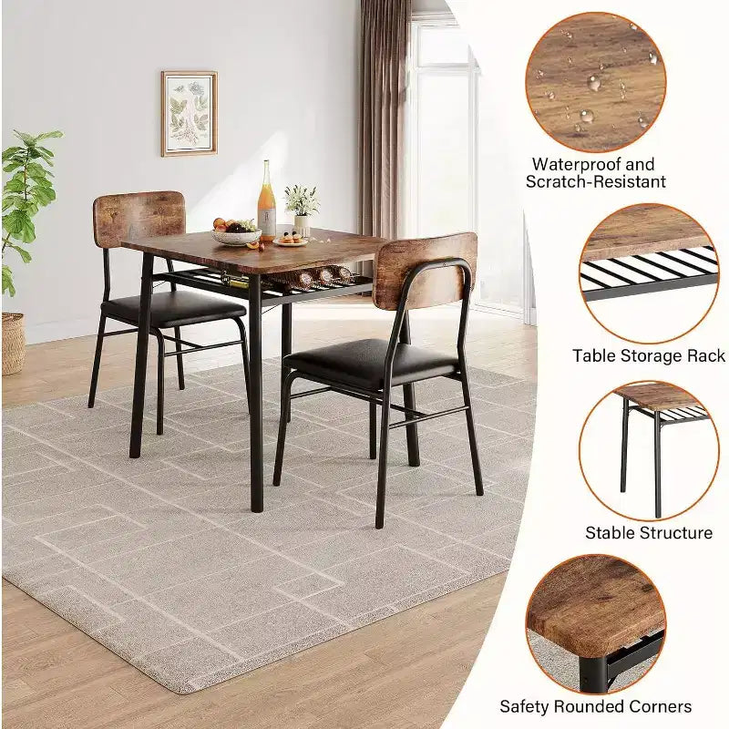 Ensemble de salle à manger 3 pièces pour 2 personnes, table de cuisine en bois avec étagère de rangement, 2 chaises rembourrées, ensemble de salle à manger pour petit espace, appartement