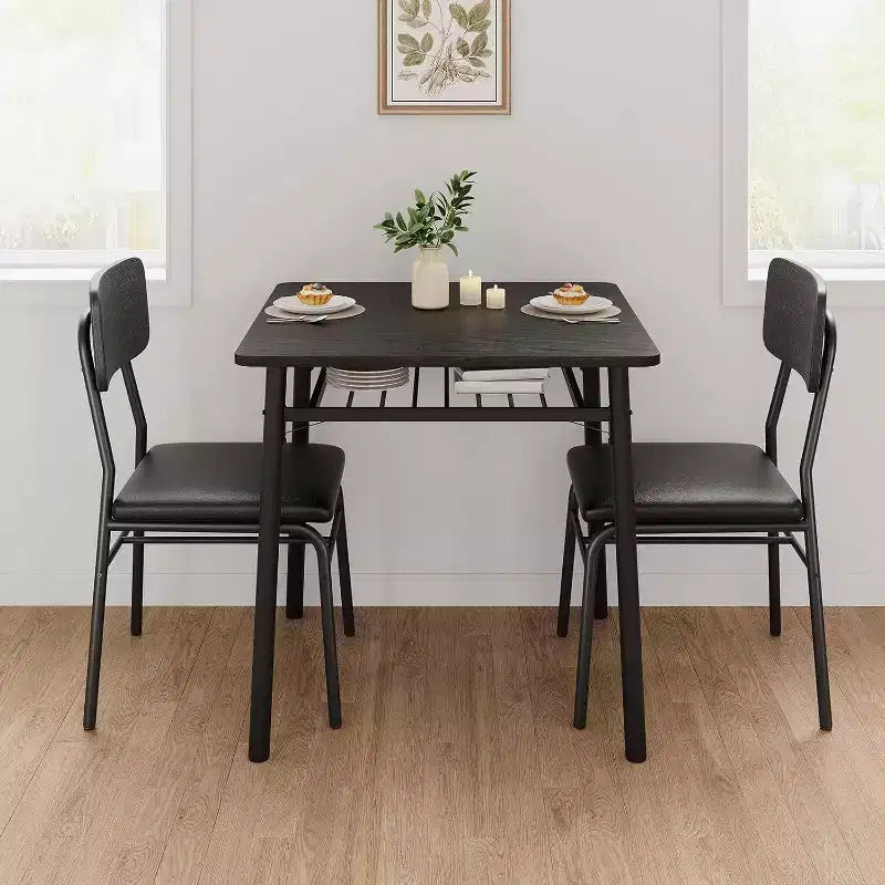 Ensemble de salle à manger 3 pièces pour 2 personnes, table de cuisine en bois avec étagère de rangement, 2 chaises rembourrées, ensemble de salle à manger pour petit espace, appartement