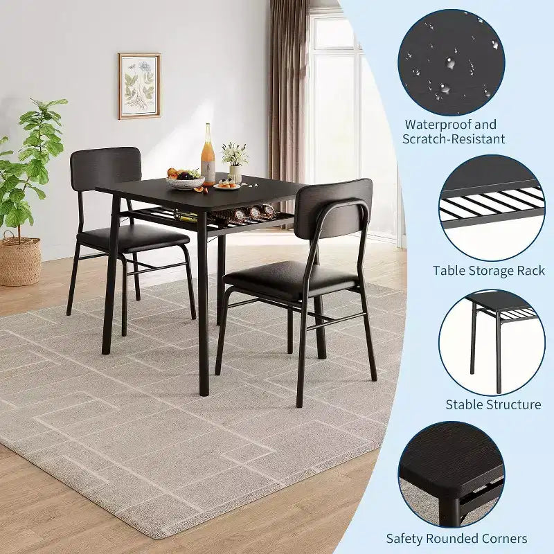 Ensemble de salle à manger 3 pièces pour 2 personnes, table de cuisine en bois avec étagère de rangement, 2 chaises rembourrées, ensemble de salle à manger pour petit espace, appartement