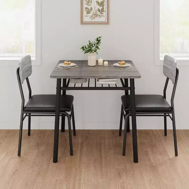 Ensemble de salle à manger 3 pièces pour 2 personnes, table de cuisine en bois avec étagère de rangement, 2 chaises rembourrées, ensemble de salle à manger pour petit espace, appartement