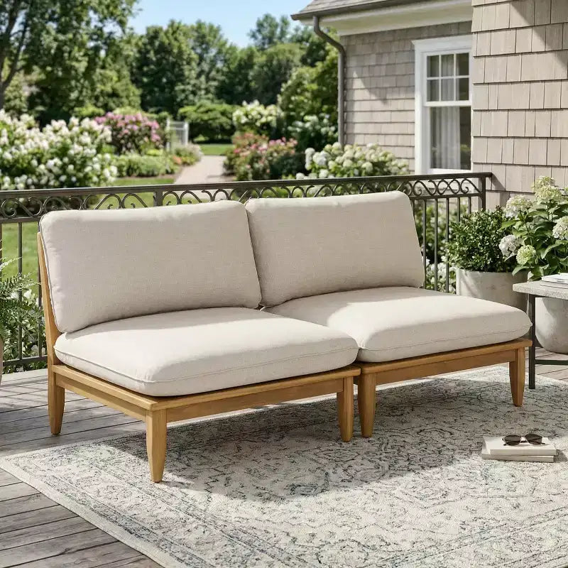 Christopher Knight Home Sacova Outdoor Acacia Wood Armless Chair, Teak Finish Frame with Beige Cushion, Set of 2