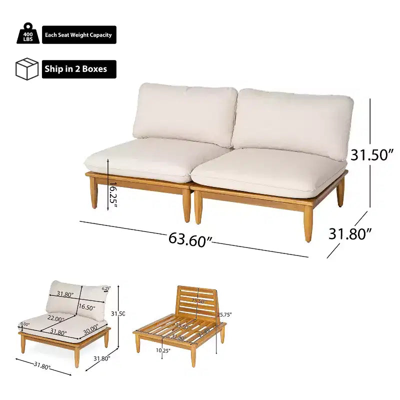 Christopher Knight Home Sacova Chaise d'extérieur sans accoudoirs en bois d'acacia, cadre finition teck avec coussin beige, lot de 2