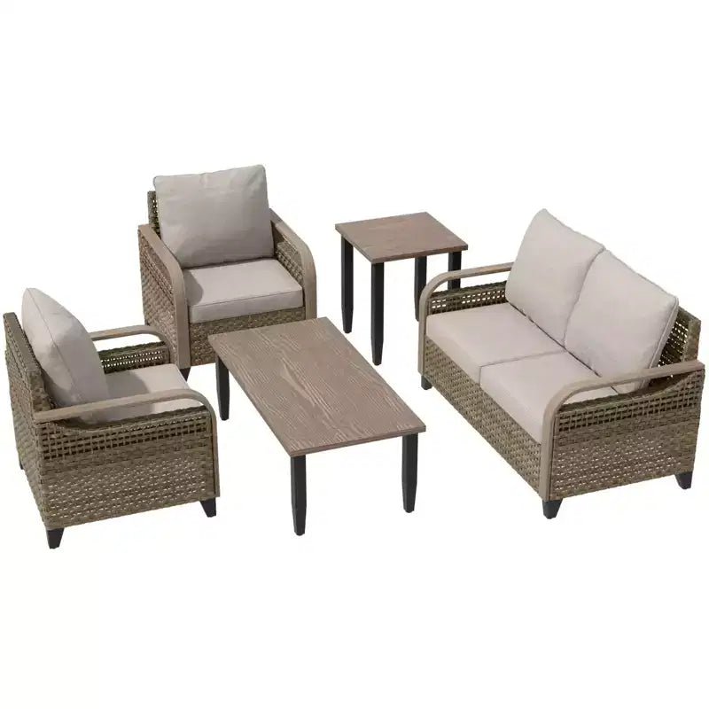 EAGLE PEAK Ensemble de conversation d'extérieur en osier pour patio, 2 fauteuils, canapé 2 places, table basse et table d'appoint, 5 pièces