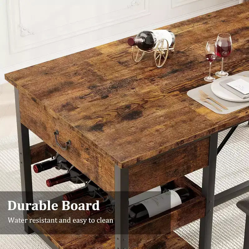 Ensemble de salle à manger CuisinSmart pour 4, ensemble de salle à manger avec 2 bancs rembourrés, ensemble de salle à manger peu encombrant avec tiroirs de rangement et casier à vin