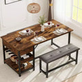 CuisinSmart Dining Table Set for 4, Dining Set with 2 Upholstered Benches, Space-Saving Dining Room Set with Storage Drawers and Wine Rack