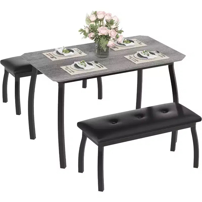 Ensemble de salle à manger 3 pièces, Table de cuisine rectangulaire en bois avec 2 bancs rembourrés, Ensemble de dînette de style ferme peu encombrant