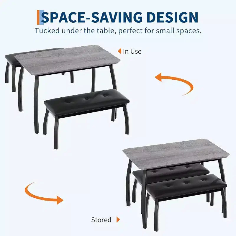 Ensemble de salle à manger 3 pièces, Table de cuisine rectangulaire en bois avec 2 bancs rembourrés, Ensemble de dînette de style ferme peu encombrant