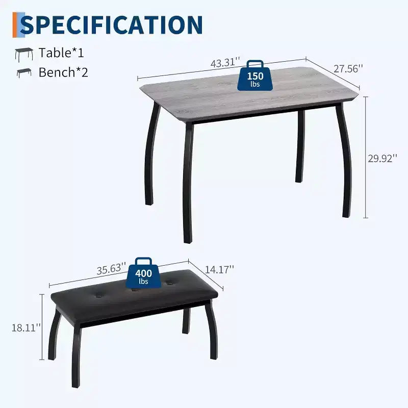 Ensemble de salle à manger 3 pièces, Table de cuisine rectangulaire en bois avec 2 bancs rembourrés, Ensemble de dînette de style ferme peu encombrant