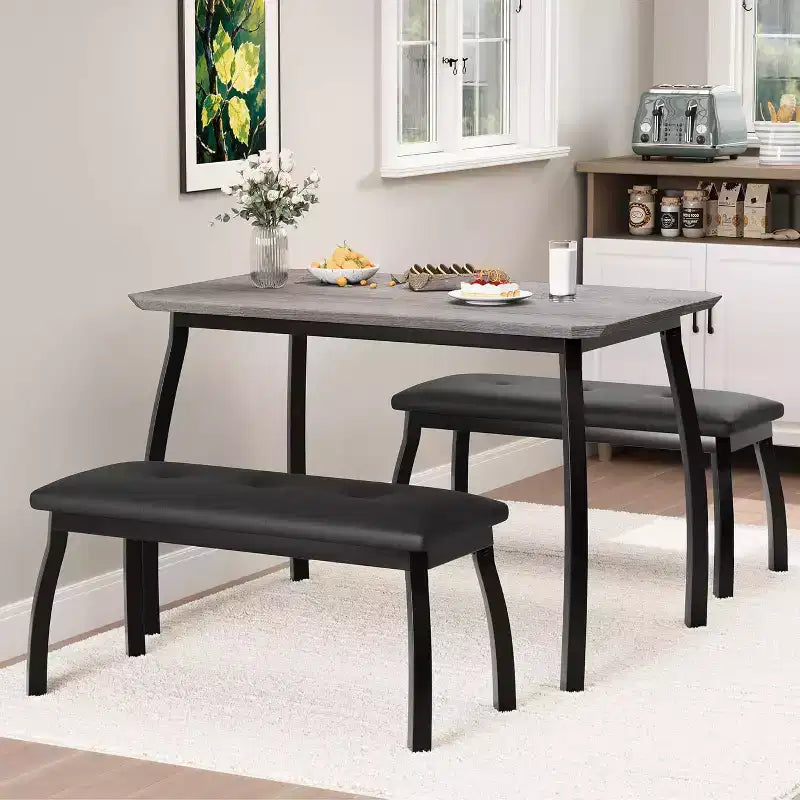 Ensemble de salle à manger 3 pièces, Table de cuisine rectangulaire en bois avec 2 bancs rembourrés, Ensemble de dînette de style ferme peu encombrant