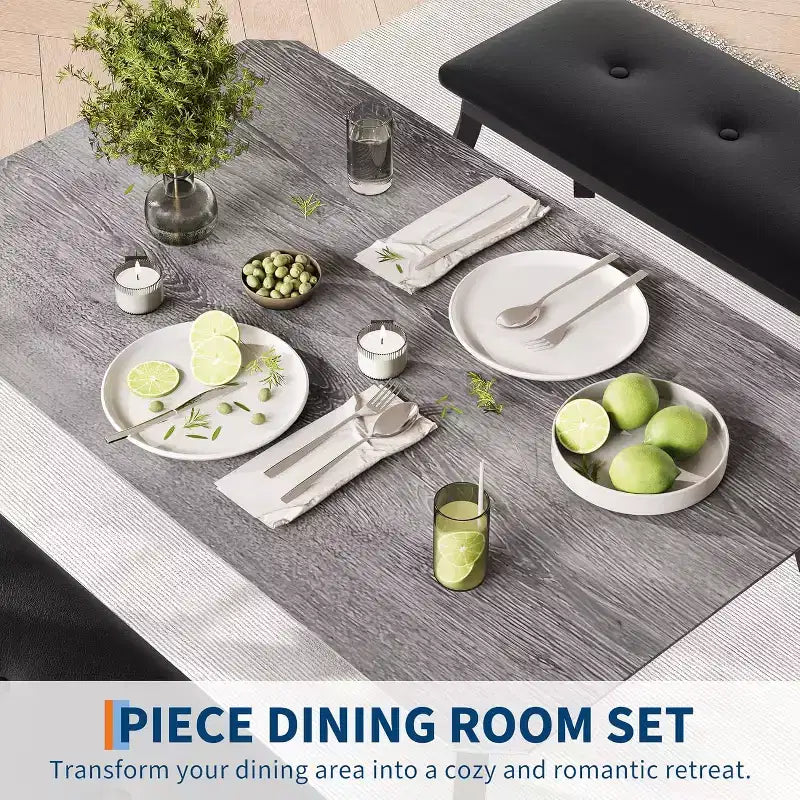 Ensemble de salle à manger 3 pièces, Table de cuisine rectangulaire en bois avec 2 bancs rembourrés, Ensemble de dînette de style ferme peu encombrant