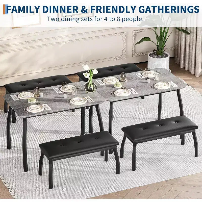 Ensemble de salle à manger 3 pièces, Table de cuisine rectangulaire en bois avec 2 bancs rembourrés, Ensemble de dînette de style ferme peu encombrant