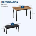 Ensemble de salle à manger 3 pièces, Table de cuisine rectangulaire en bois avec 2 bancs rembourrés, Ensemble de dînette de style ferme peu encombrant