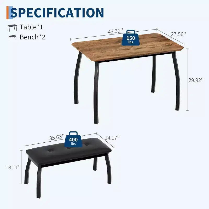 Ensemble de salle à manger 3 pièces, Table de cuisine rectangulaire en bois avec 2 bancs rembourrés, Ensemble de dînette de style ferme peu encombrant