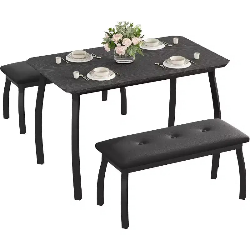 Ensemble de salle à manger 3 pièces, Table de cuisine rectangulaire en bois avec 2 bancs rembourrés, Ensemble de dînette de style ferme peu encombrant