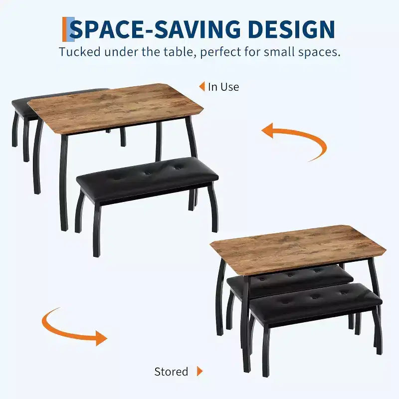 Ensemble de salle à manger 3 pièces, Table de cuisine rectangulaire en bois avec 2 bancs rembourrés, Ensemble de dînette de style ferme peu encombrant