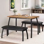 Ensemble de salle à manger 3 pièces, Table de cuisine rectangulaire en bois avec 2 bancs rembourrés, Ensemble de dînette de style ferme peu encombrant